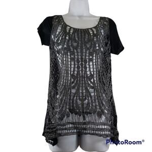 Daytrip Grey/Black Sparkly Open Knit Style Blouse Size Medium